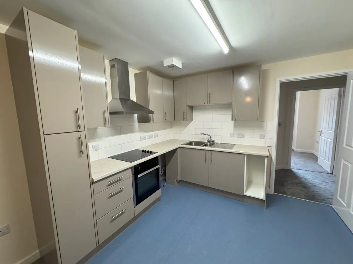 Modern kitchen with beige cabinets, stainless steel range hood, electric hob, oven, and double sink.