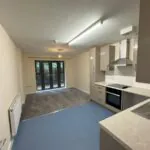 View from the kitchen area toward the living room, showing modern appliances, blue linoleum flooring, and large glass doors.