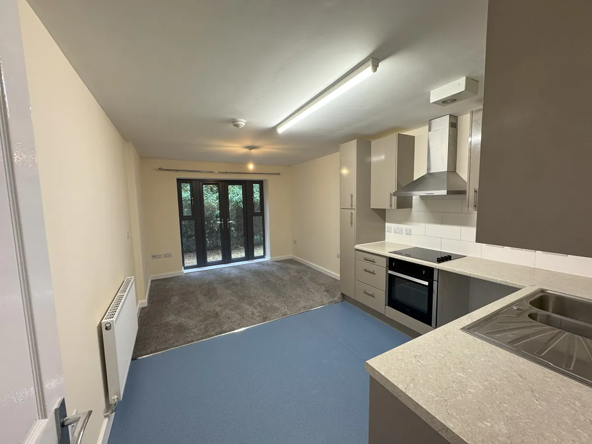 View from the kitchen area toward the living room, showing modern appliances, blue linoleum flooring, and large glass doors.