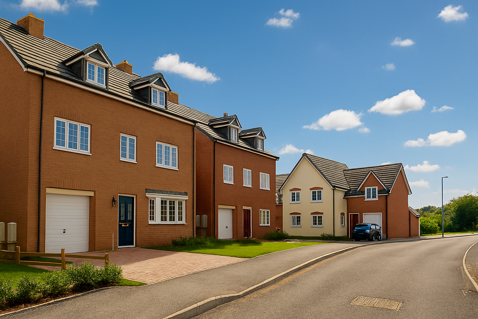image of a row of modern, detached and semi-detached houses with garages along a clean, curved suburban street under a blue sky with scattered clouds.