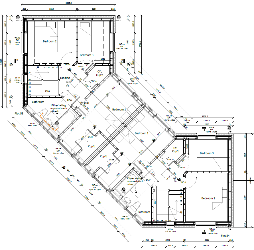 First floor plan for The Broughton, Plots 2, 3, 54 & 55 at Beacon Hollow, showing Bedrooms 1–3, landing, family bathroom and storage/cylinder cupboards.