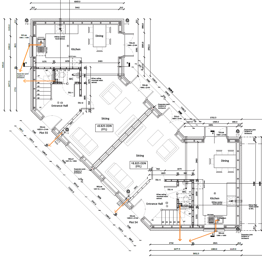 Ground floor plan for The Broughton, Plots 2, 3, 54 & 55 at Beacon Hollow, showing entrance hall, WC, stairs, kitchen/dining and living room with garden doors