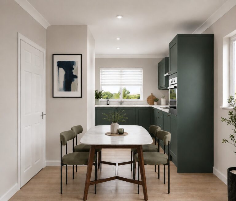 CGI of The Heckingon kitchen-diner with Symphony Harvard hunter green units and Arctic white marble‑effect worktops, dining table and four chairs by a window..