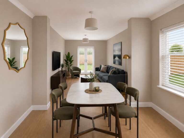 CGI of The Heckingon dining area looking through to the living room, with a four-seat table, wall-mounted television, sofa, armchair and French doors to the garden.