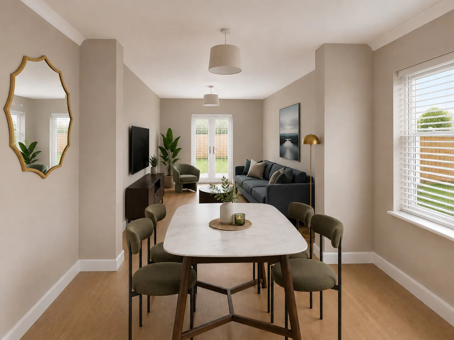 CGI of The Heckingon dining area looking through to the living room, with a four-seat table, wall-mounted television, sofa, armchair and French doors to the garden.