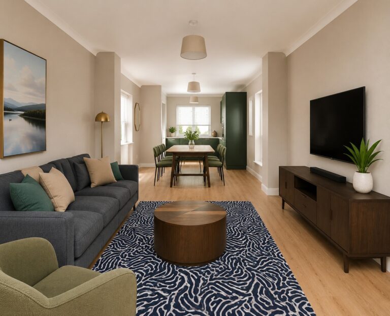 CGI of The Heckingon living area looking towards the dining area and kitchen, with a sofa, armchair, wall-mounted television, patterned rug and hunter green kitchen units in the background.