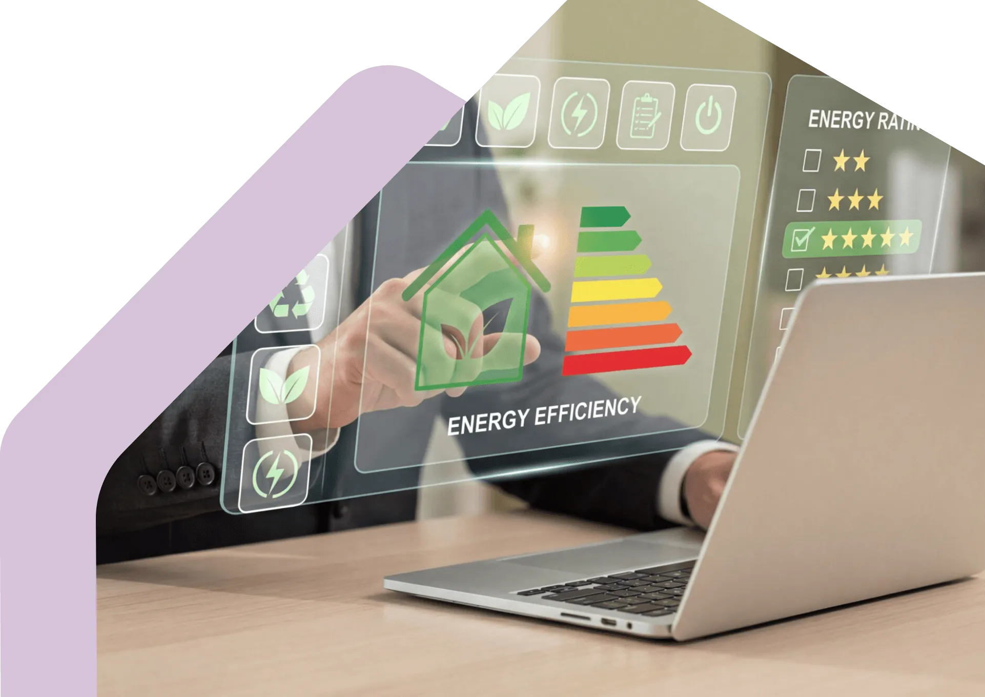 Digital energy efficiency rating displayed for a sustainable home.