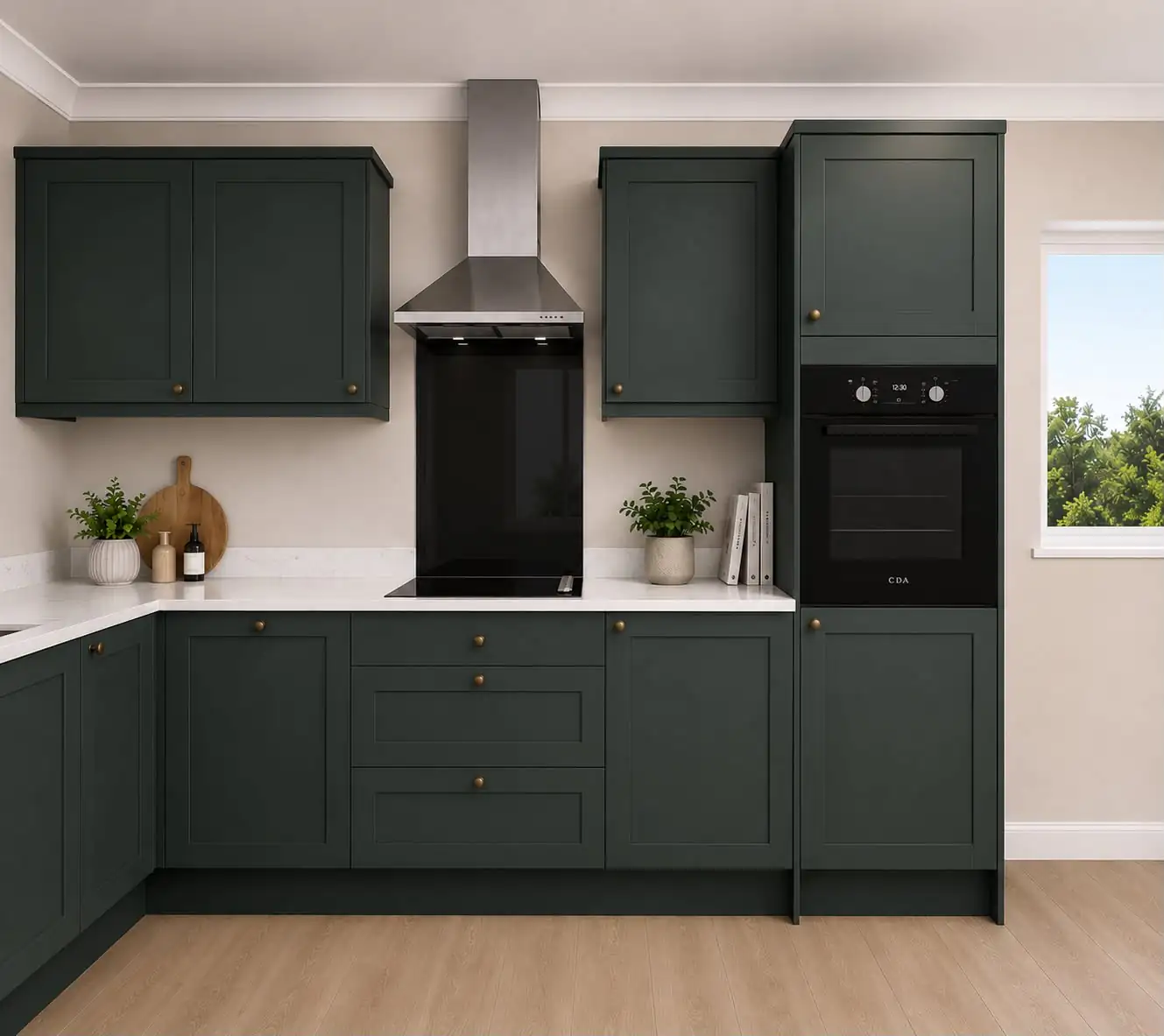 Hunter green kitchen at Petrella Place bungalow, The Heckington