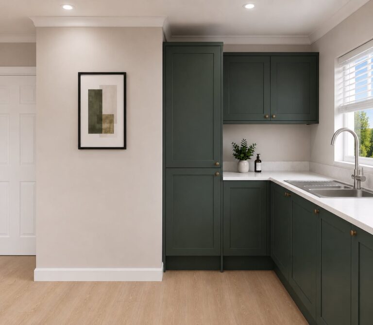 Hunter green kitchen with sink area at Petrella Place bungalow, The Heckington.