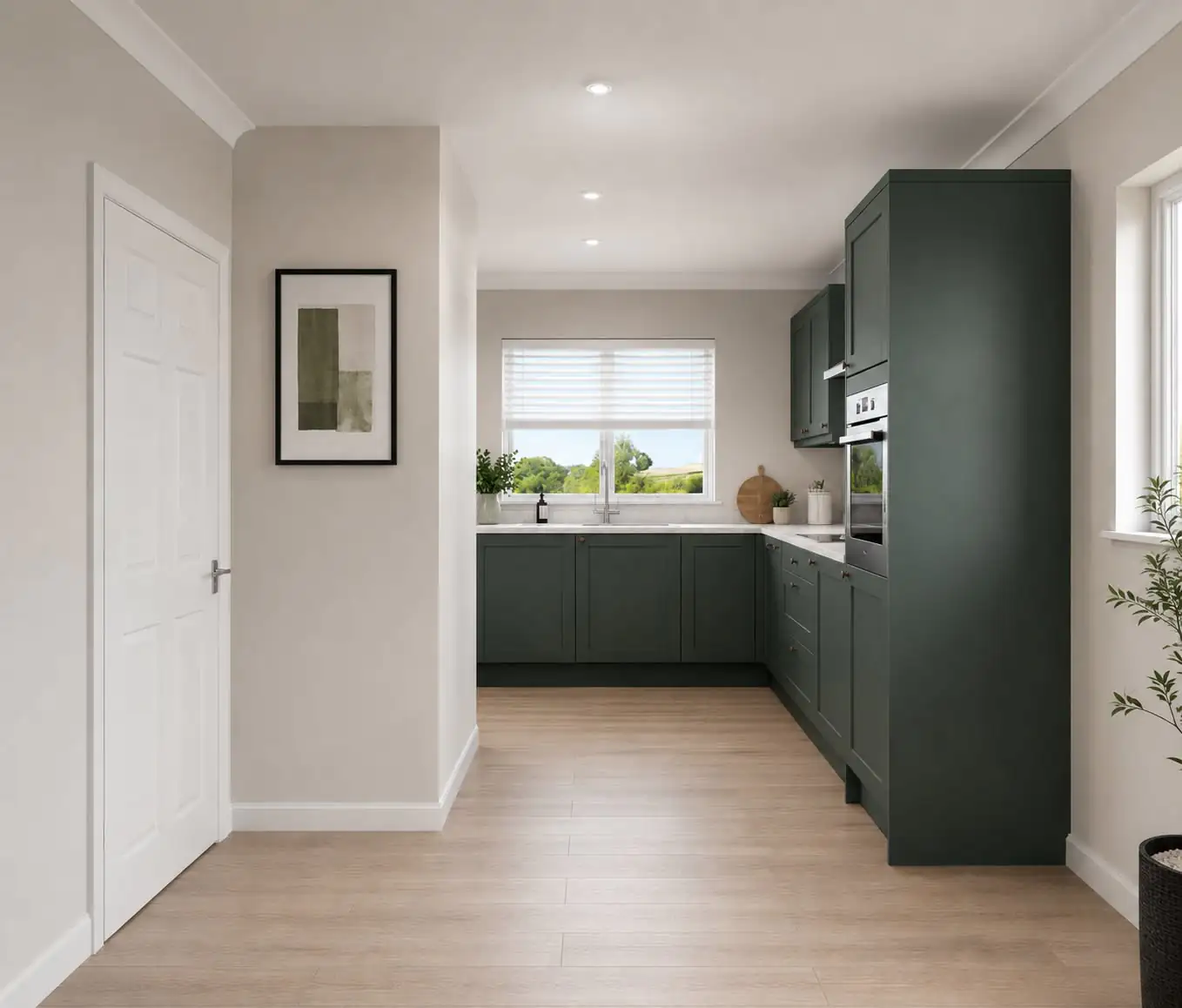 View from dining area into hunter green kitchen at Petrella Place bungalow.