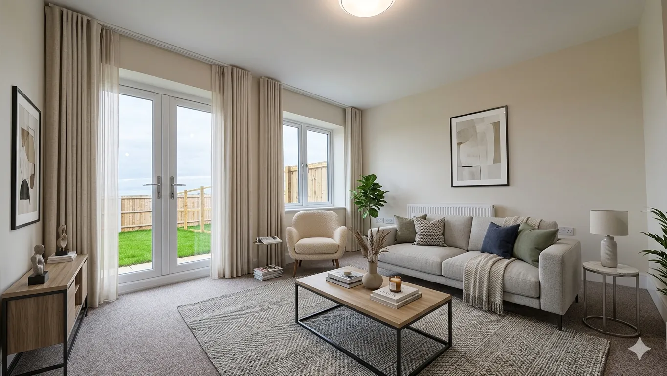 Living room CGI for The Waltham two-bedroom semi-detached home with patio doors, neutral décor and garden view.
