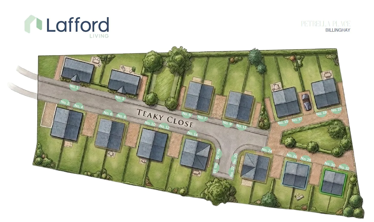 Petrella Place site plan illustration showing Teaky Close with numbered home plots, driveways, gardens and green landscaping in Billinghay.