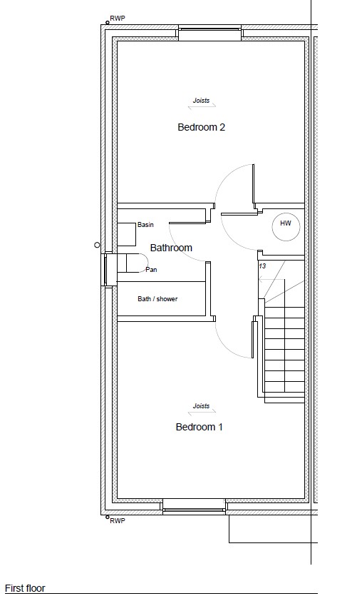 Plot 19 Petrella Place first floor plan showing two bedrooms, family bathroom, landing and stairs