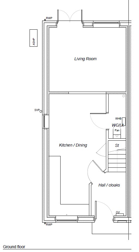Plot 19 Petrella Place ground floor plan showing living room, kitchen/dining, hall, WC/utility, stairs and storage