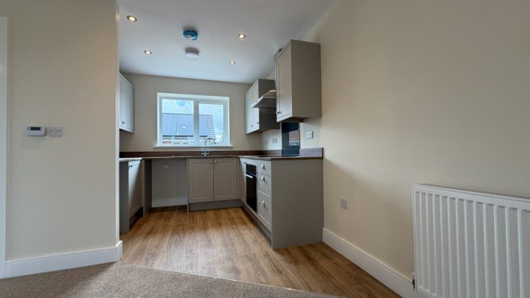 The Caister at Petrella Place – modern kitchen with grey units, wood-effect worktops, integrated oven and hob, sink under a rear window and recessed ceiling spotlights.