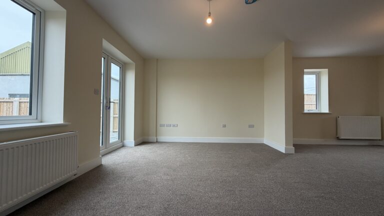 The Caister at Petrella Place – living room area with feature dividing wall to the dining space, carpeted flooring, rear French doors and large window bringing in natural light.