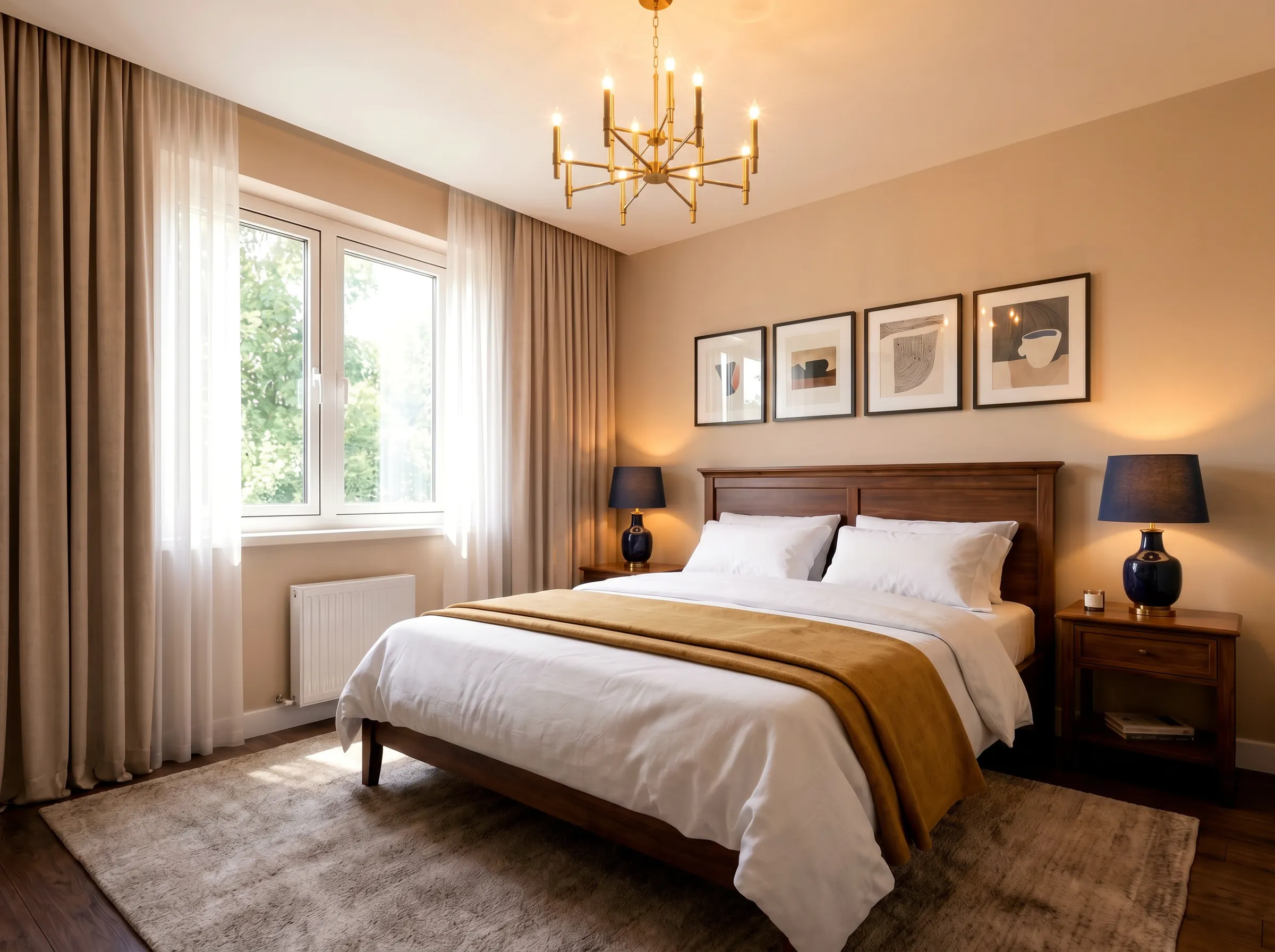 A computer generated image showing Bedroom 2 within a typical 5 bedroom Lafford New Homes property at The Orchards, Greylees. The image features a bright double bedroom with contemporary décor, soft furnishings, bedside lighting, fitted-style shelving, a feature wall and a large window. Image is for illustrative purposes only. Layouts, specifications, fixtures, fittings, furniture and finishes may vary between homes.