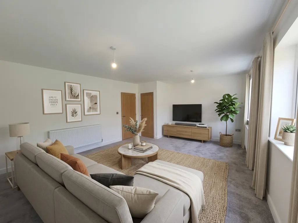 Plot 23 Contemporary living room at Beacon Hollow, Washingborough, featuring spacious open-plan styling, neutral décor and large windows.