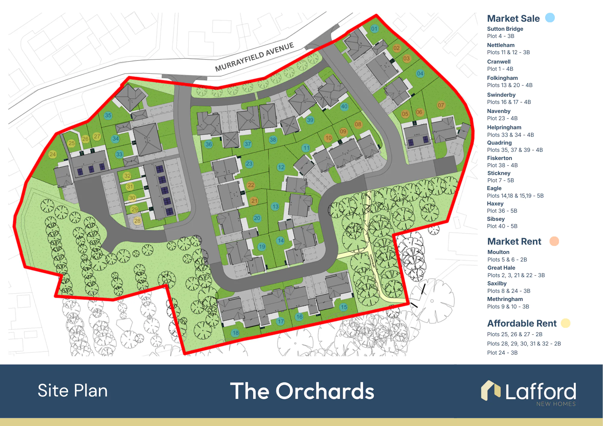 Development plan for The Orchards at Greylees showing plot layout, road pattern and housing mix on Murrayfield Avenue.
